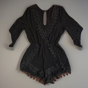 Vintage Boho Festival Chic Black Embroidered Eyelet Shorts Jumpsuit Romper